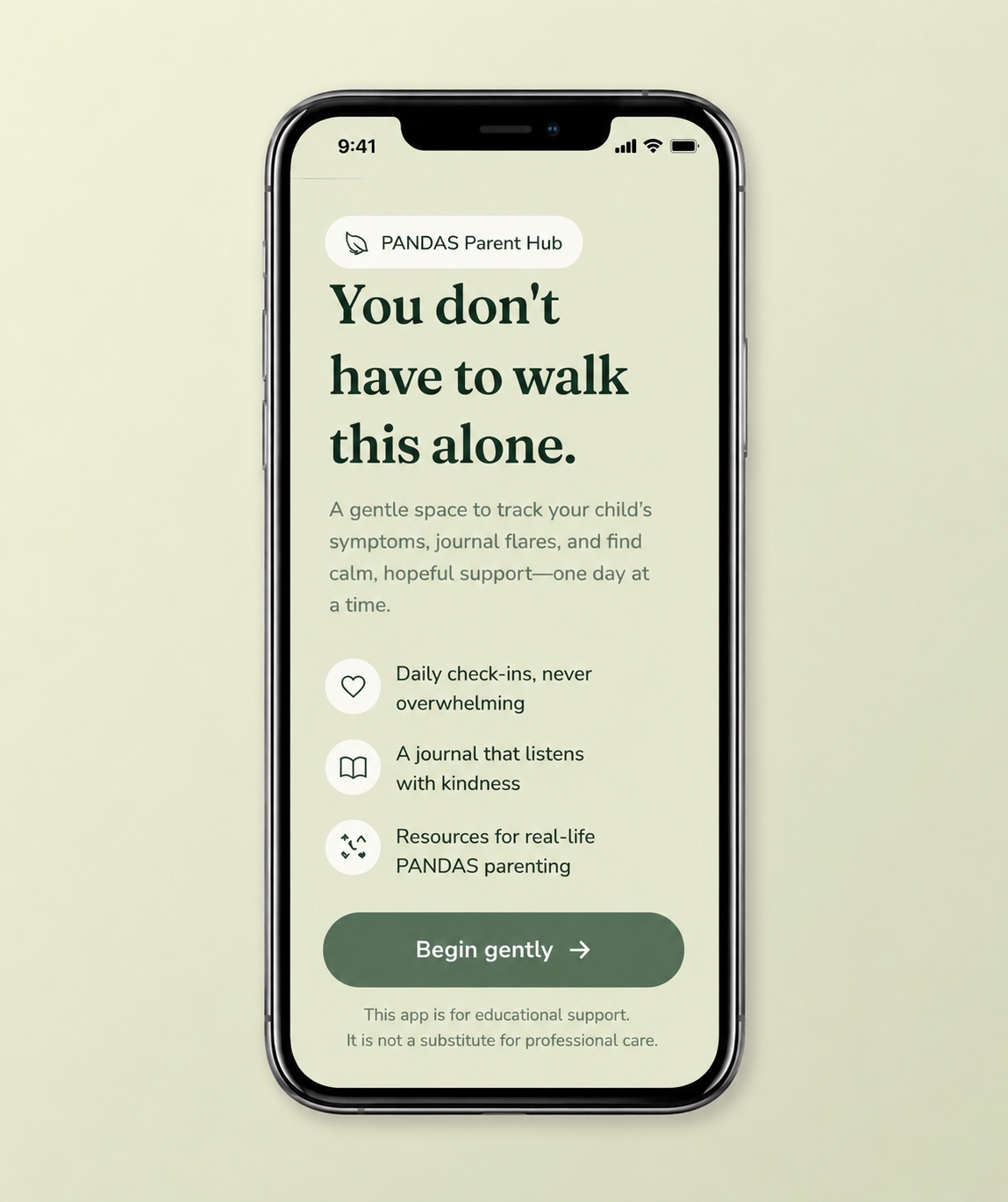 PANDAS Parent Hub app concept in a phone: You don’t have to walk this alone, with daily check-ins, a journal, and resources.