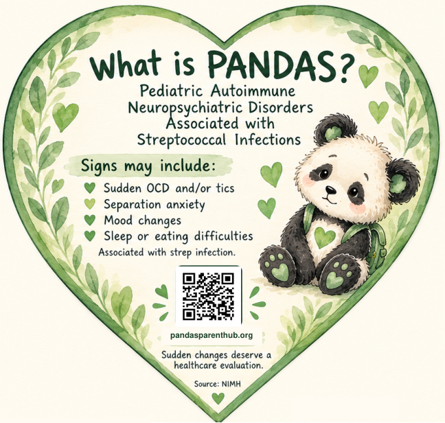 Back of the awareness heart explaining PANDAS, possible signs, and a QR code to pandasparenthub.org.