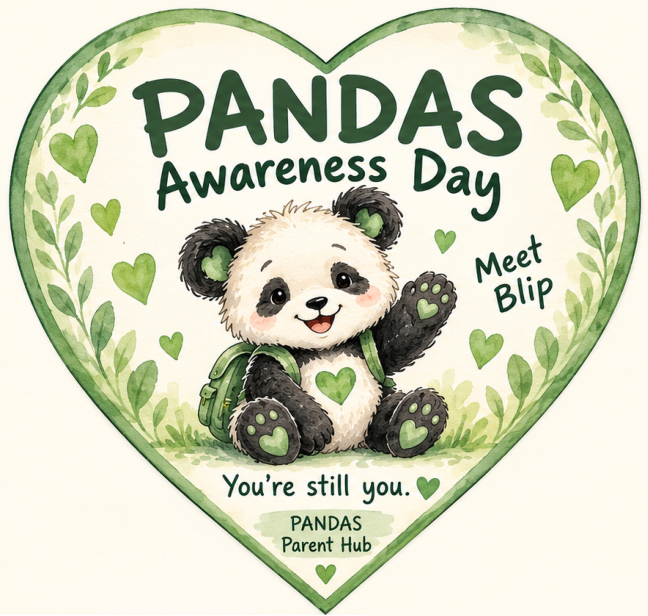Green PANDAS Awareness Day heart featuring Blip.