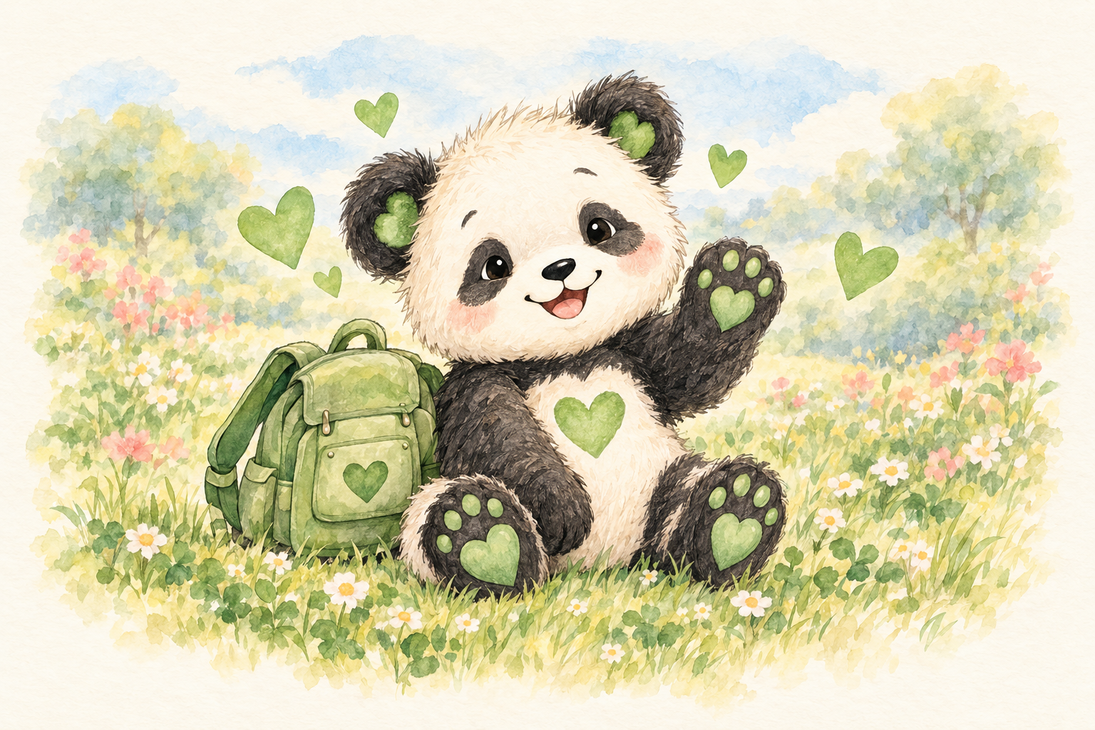 Blip, a fuzzy panda with green hearts and an olive backpack, welcoming you from a watercolor meadow.